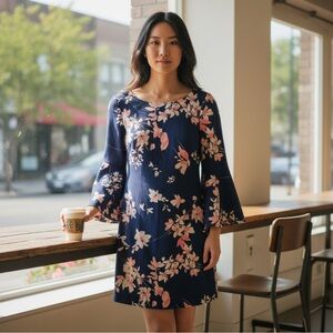 Eliza J Blue and Pink Floral Long Sleeve Dress